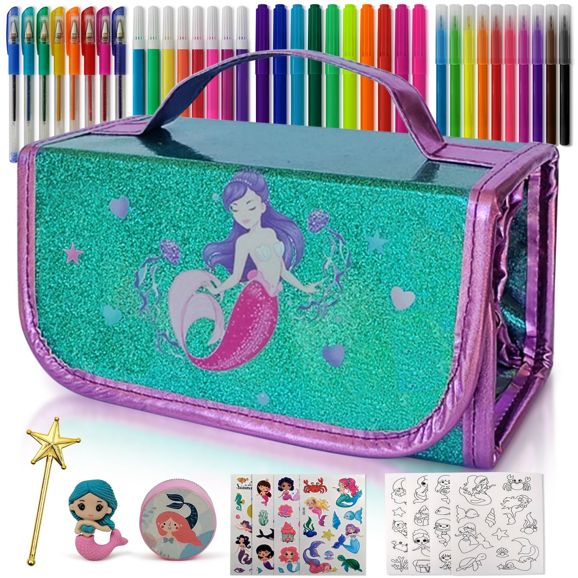 Mermaid Pencil Case With Fruit Scented Markers Art Set, Little Mermaid Gifts For Girls Ages 3 4 5 6 7 8 9 10 Years Old, Kids Col