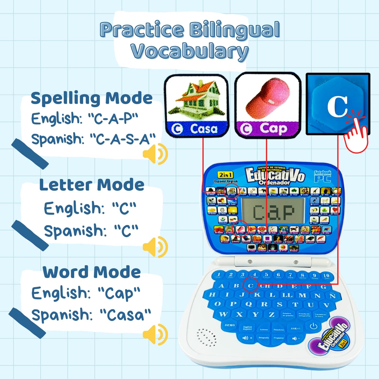 Zeenkind Spanish & English Small Talking Laptop Toy For Kids 2 3 4 Years Old, Learn Spanish Alphabet Numbers Words Spelling Math, Interactive Bilingual Learning Laptop Toys For Toddlers