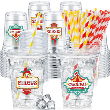 Foldtier 50 Pcs Carnival Party Plastic Cups 12 Oz Disposable Plastic Cups With Straws And Lids Circus Clear Cup Birthday Cups Su