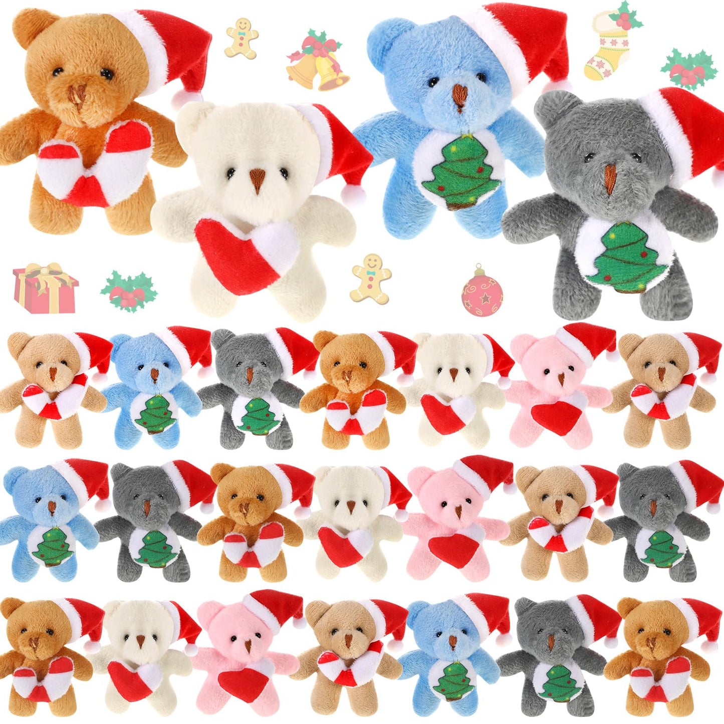 Blueweenly 24 Pcs Christmas Mini Stuffed Animal Bear Bulk Small Plush Christmas Bear with Santa Hat Tiny Xmas Animal Keychain fo