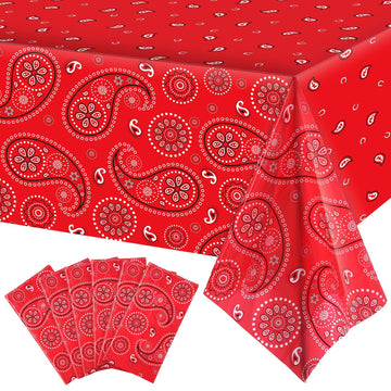 Western Party Tablecloth Paisley Table Cover Bandana Plastic Table Cloth Rectangle Floral Tablecloth For Western Cowboy Themed Party Decorations, 108 X 54 Inches (Red, 6 Pack)