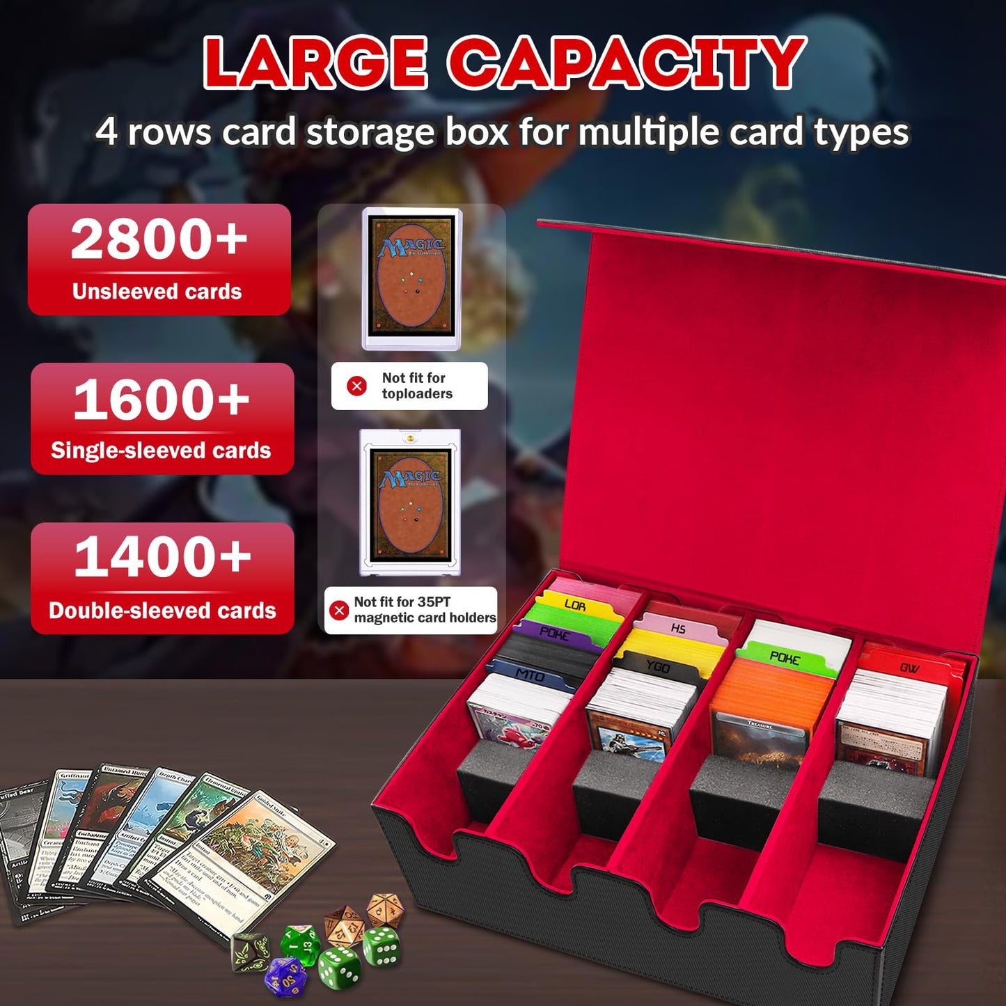 Qlouni PU Leather Card Storage Box - 2800 Card Deck Case with Magnetic Closure, 10 Dividers & 4 Stoppers, Suitable for MTG, YuGi