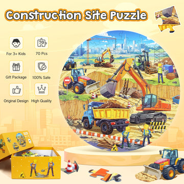 Digobay Floor Puzzles For Kids Ages 3 4 5 6 7 8, 70 Piece Construction Site Jigsaw Puzzle With Excavator Bulldozer Forklift Dump