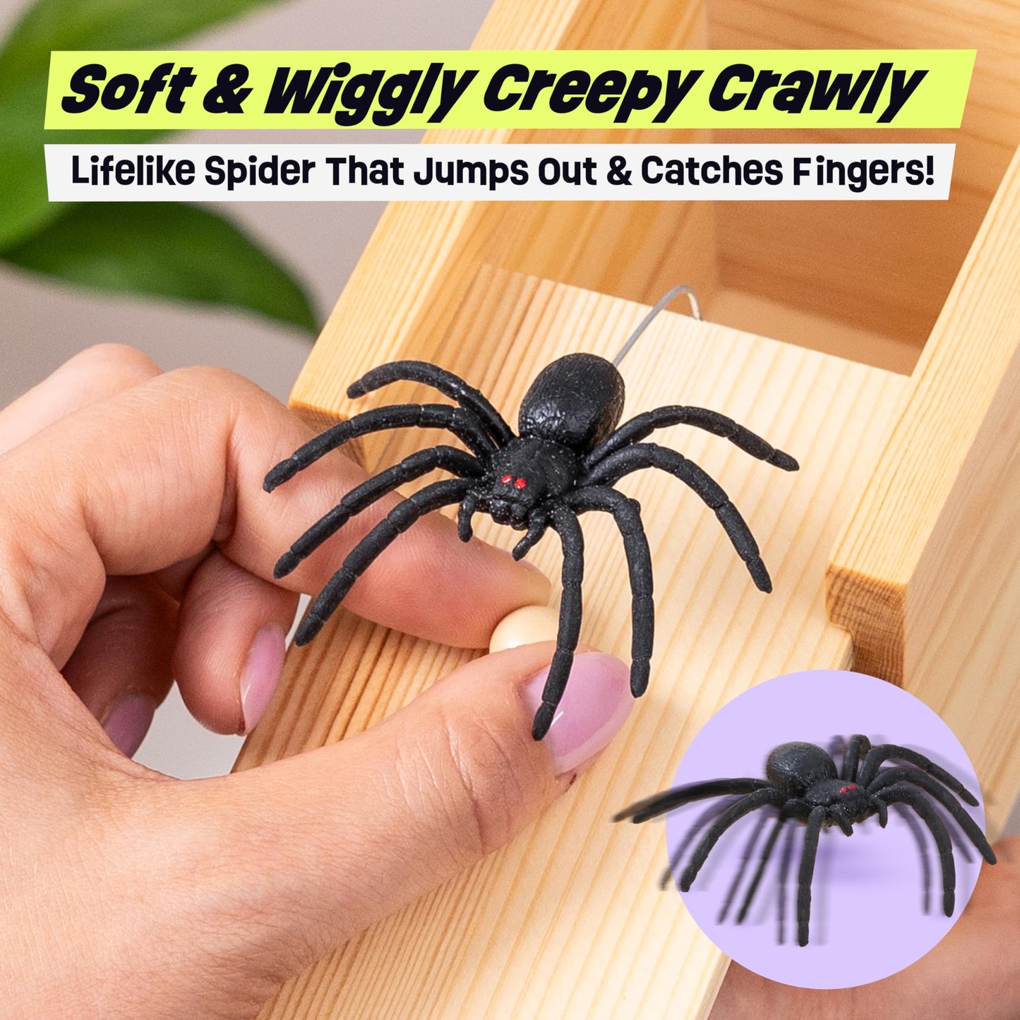 Funfamz Mini Spider Prank Box - Surprise Wooden Gag Gift, Perfect For Birthday, April Fools Day, Harmless Joke With Rubber Spider, Startling & Reusable Prank Kit