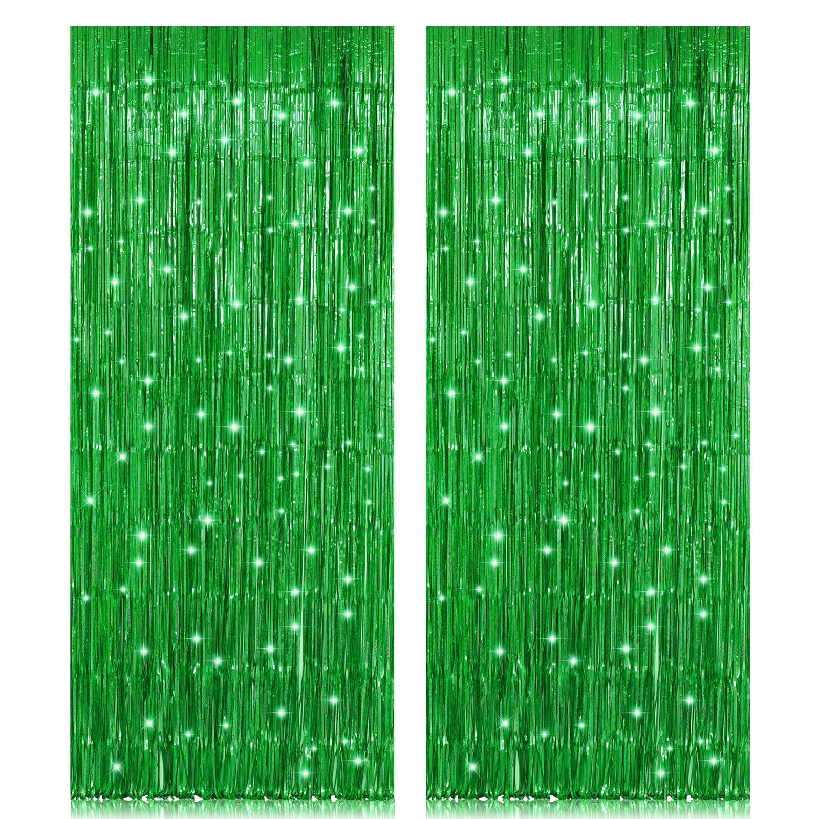 2 Pack 3.2ft x 8.2ft Green Foil Fringe Curtain, Metallic Tinsel Foil Fringe Rain Curtain Streamers Photo Backdrop for St Patrick