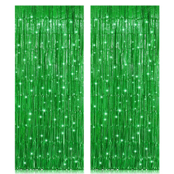 2 Pack 3.2ft x 8.2ft Green Foil Fringe Curtain, Metallic Tinsel Foil Fringe Rain Curtain Streamers Photo Backdrop for St Patrick