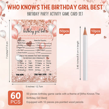 Leinuosen Who Knows The Birthday Girl Best Card, 50 Pcs Birthday Party Game Set Girly Pink Rose Gold Sprinkles Themed Birthday C