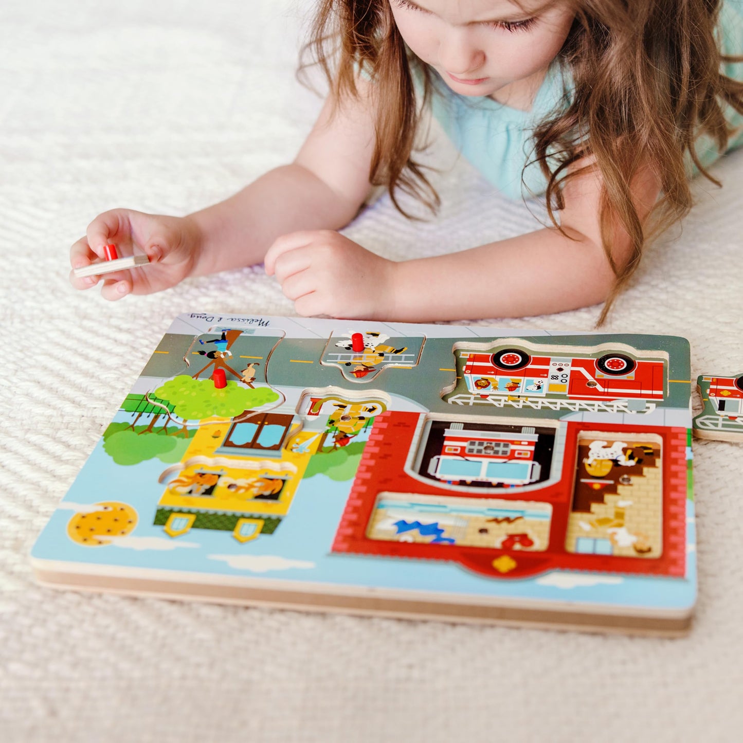 Melissa & Doug Wooden Peg Puzzle - Around the Fire Station Sound Puzzle, 8 pcs, Multicolor, Model 736