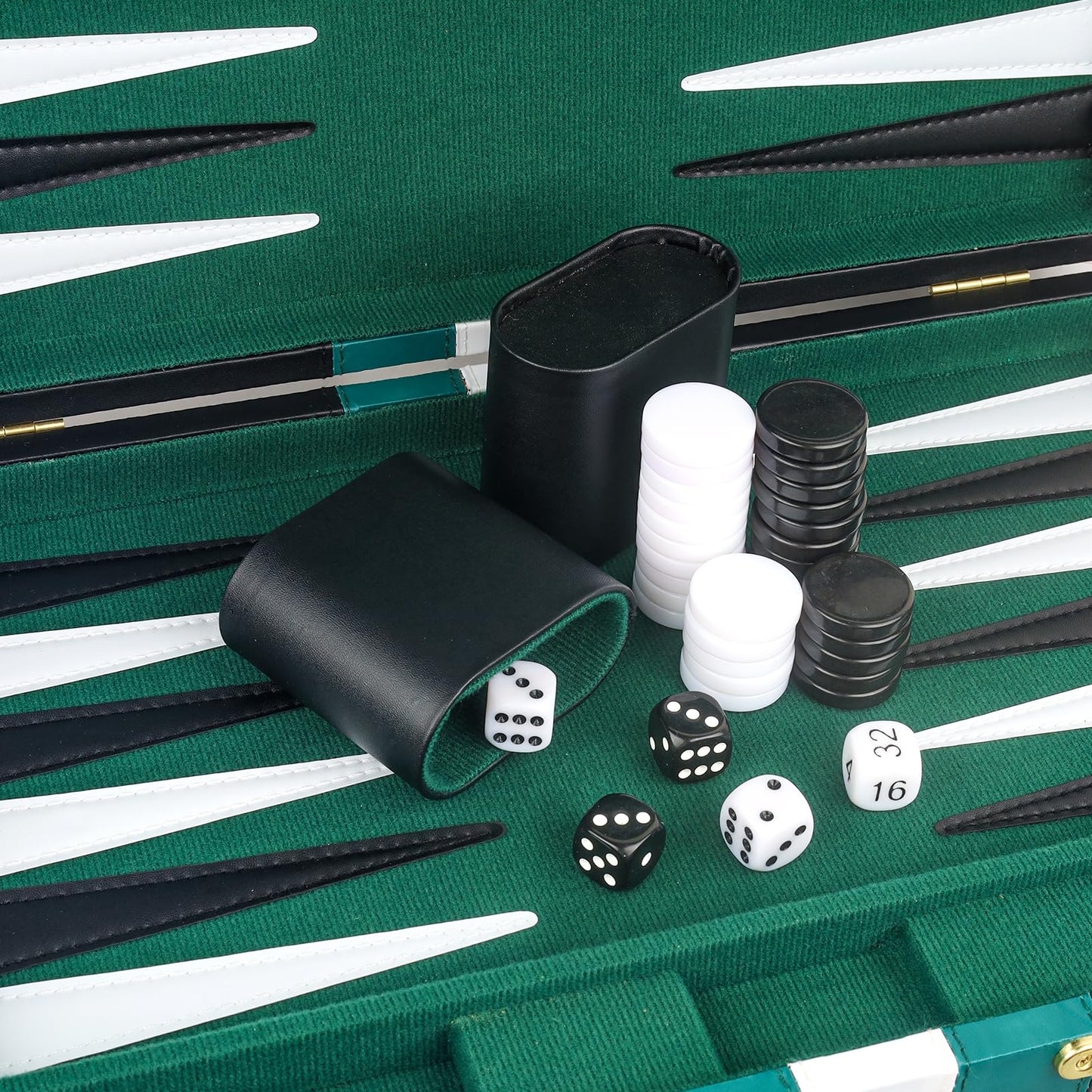 RERIVER Backgammon Set for 2 Players - Classic Green Leatherette Case, 15 inch Portable Travel Board Game