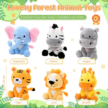 Roundfunny 6 Pcs Small Stuffed Safari Animals Bulk, 7 Inch Jungle Animals Stuffed Toys, Adorable Plush Lion Zebra Giraffe Tiger