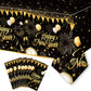 6PCS Happy New Year Tablecloth, Disposable Black Gold NYE Party Tablecloth Decorations, Rectangular Plastic New Year Table Cover