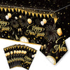 6PCS Happy New Year Tablecloth, Disposable Black Gold NYE Party Tablecloth Decorations, Rectangular Plastic New Year Table Cover