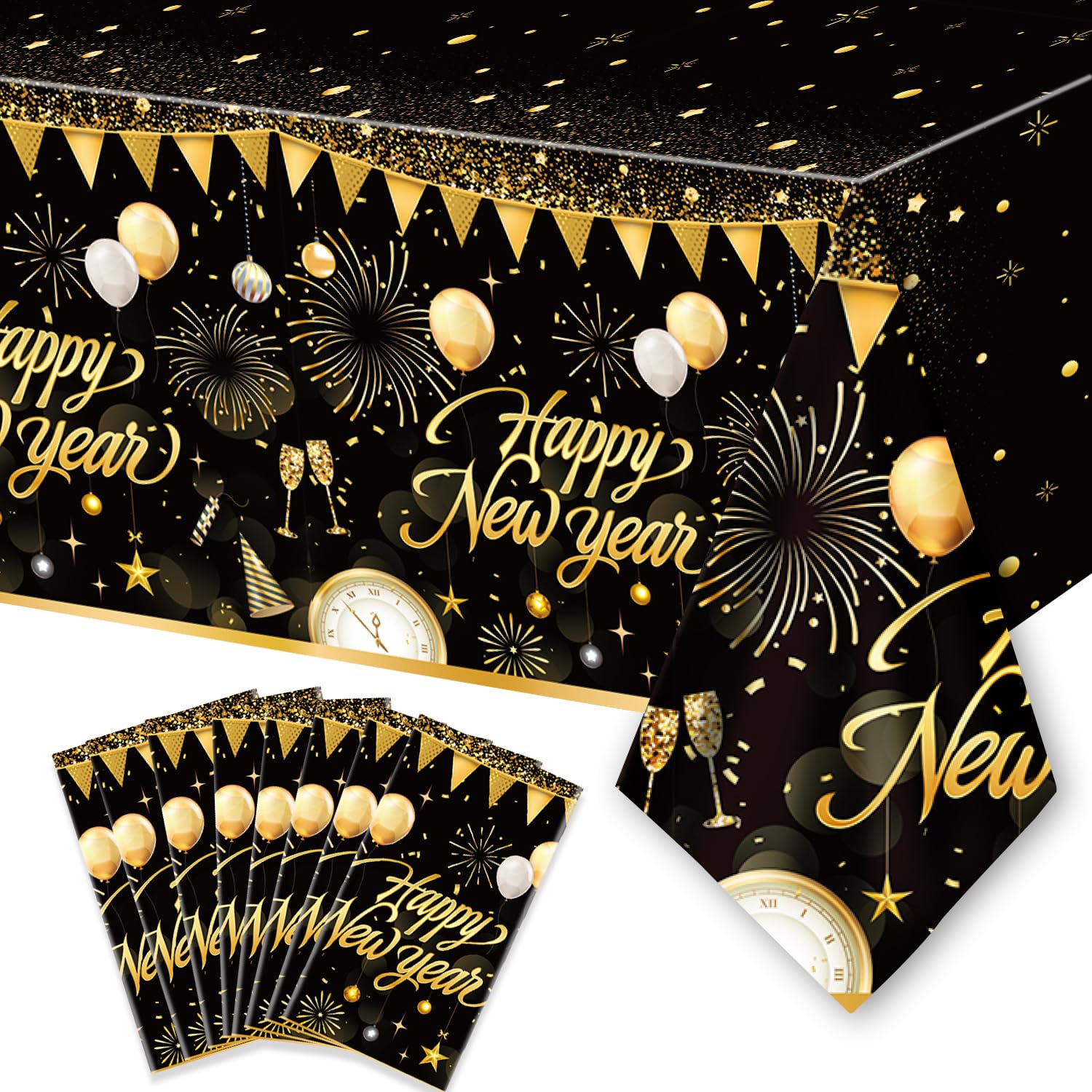 6PCS Happy New Year Tablecloth, Disposable Black Gold NYE Party Tablecloth Decorations, Rectangular Plastic New Year Table Cover