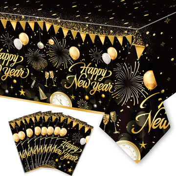 6PCS Happy New Year Tablecloth, Disposable Black Gold NYE Party Tablecloth Decorations, Rectangular Plastic New Year Table Cover