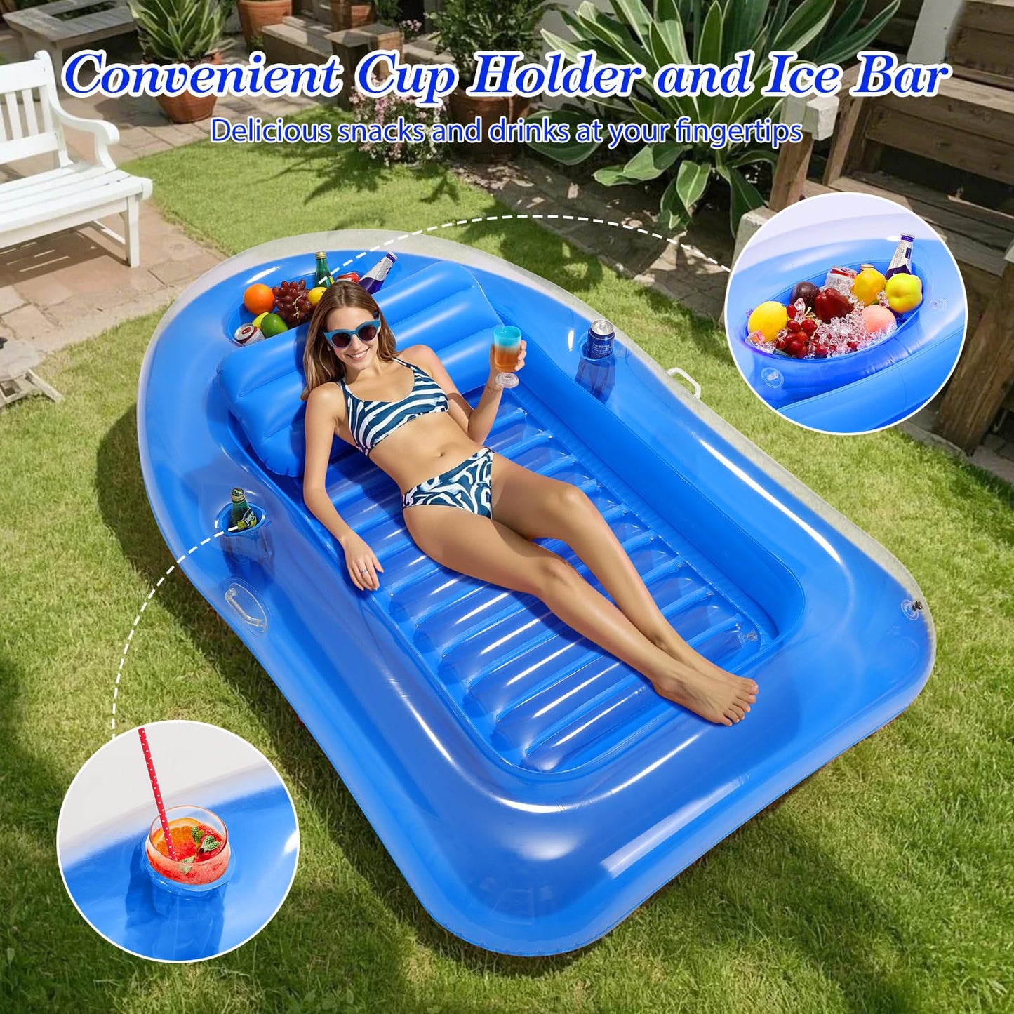 MoKo Inflatable Tanning Pool Lounge Float, 78" x 49", Blue, PVC, with Ice Bar & Cup Holders for Summer Water Parties