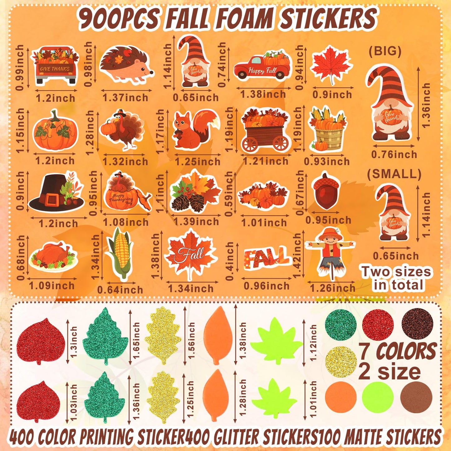 Thanksgiving Fall Leaf Foam Sticker, Julbear 900Pcs Autumn Glitter Maple Leaves Colorful Pattern Self-Adhesive Foam Stickers For