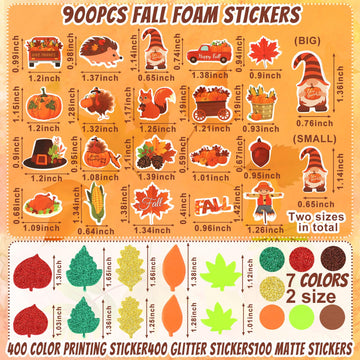 Thanksgiving Fall Leaf Foam Sticker, Julbear 900Pcs Autumn Glitter Maple Leaves Colorful Pattern Self-Adhesive Foam Stickers For