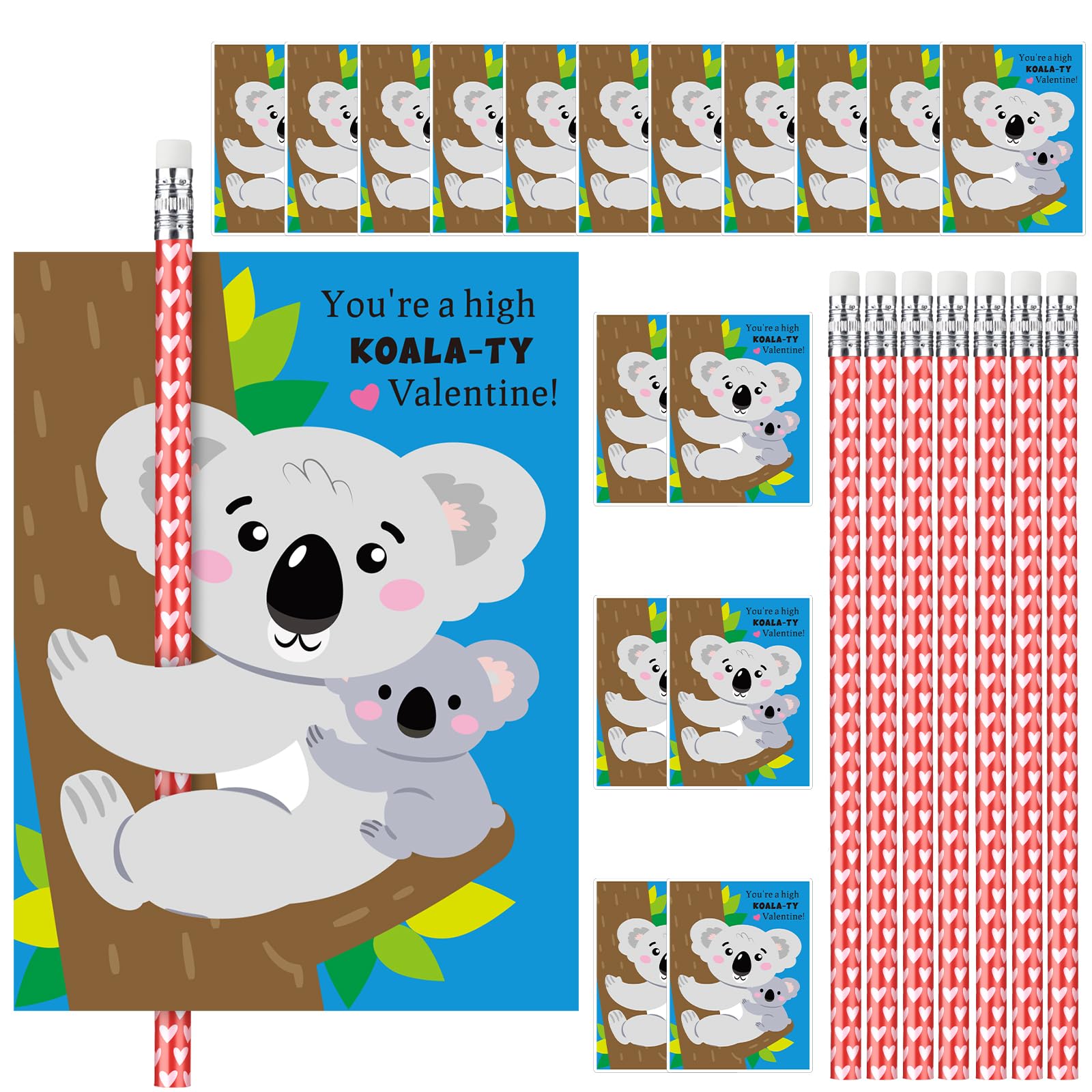 Dunzoom 36 Sets Koala Valentine s Day Cards Exchange Gifts for Kids Heart Pencils with Eraser Punny Koala Valentines Day Cards 