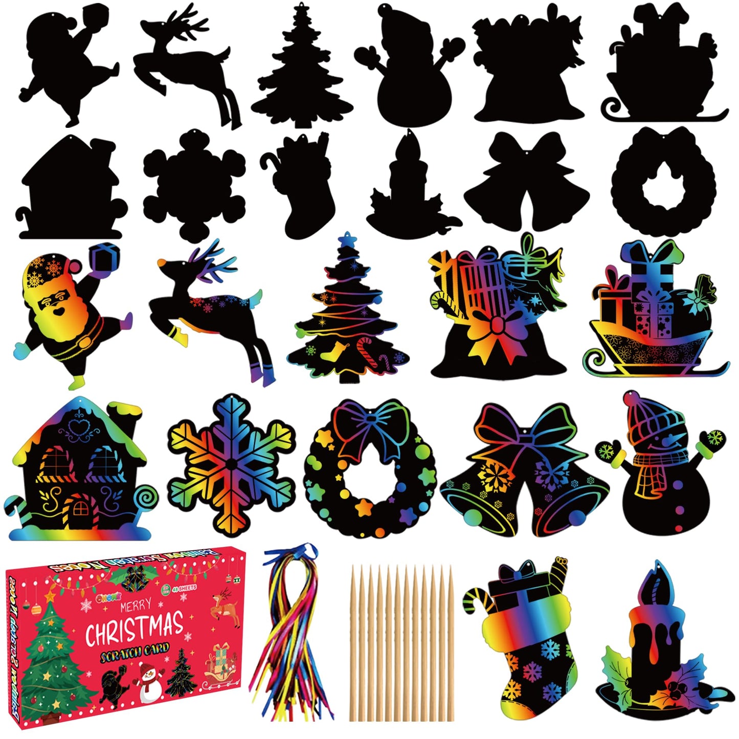 Stocking Stuffers - 48 PCS Rainbow Scratch Paper Cards Set | Christmas Crafts Toys Game for Kids - Christmas Gifts Ornaments Par