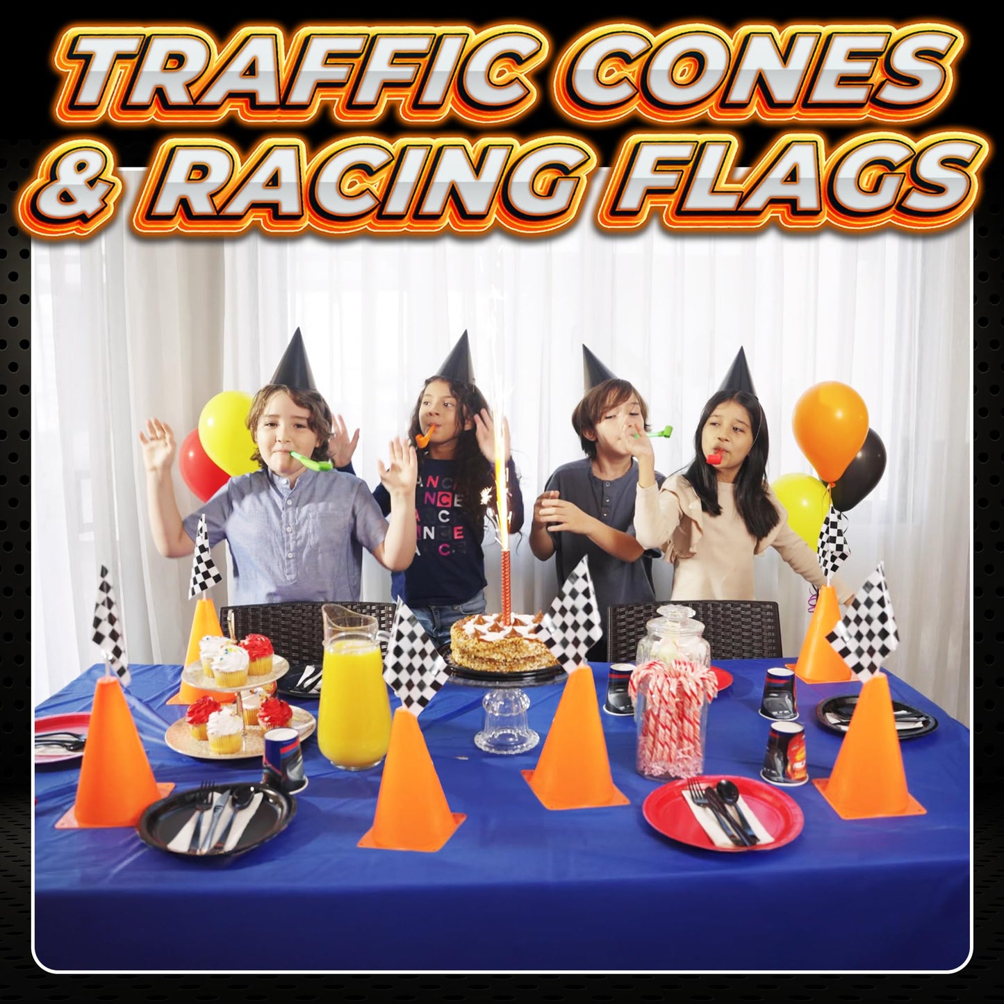 Bedwina Race Car Birthday Party Decorations - (36 Pcs) 12 - 8-Inch Orange Mini Cones for Kids & 24 Black & White Checkered Flags