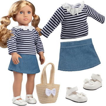 Dress Along Dolly Casual Back to School Day Doll Outfit for 18 Dolls - enhanced Handmade Clothes -4 Piece Clothes Set Costume Includes Shirt  Skirt  Shoes  & Purse  Gifts for Girls Kids Birthday