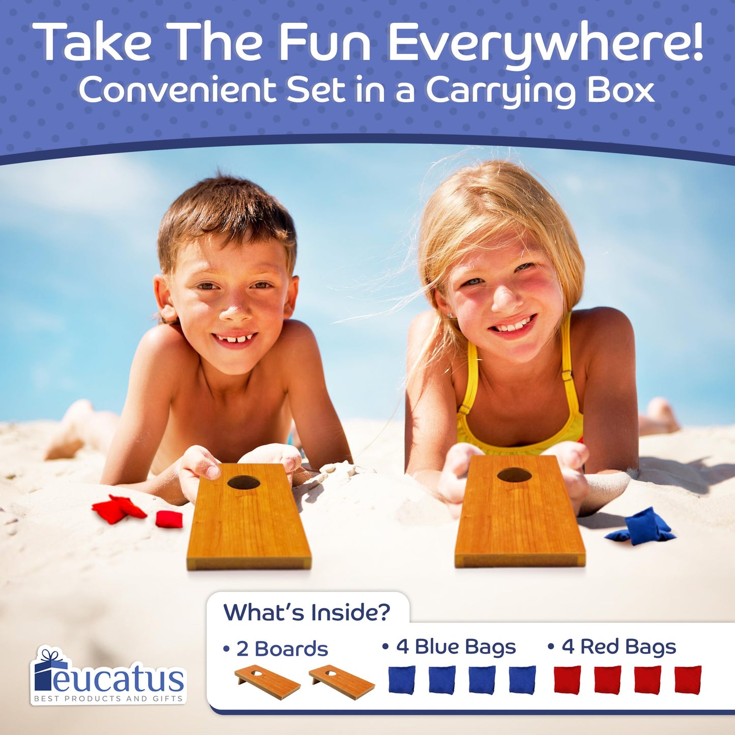 EUCATUS MINI Kids Portable Tabletop Cornhole Set – 2 Boards, 8 Bags, Red & Blue – Perfect for Slumber Parties & Birthdays