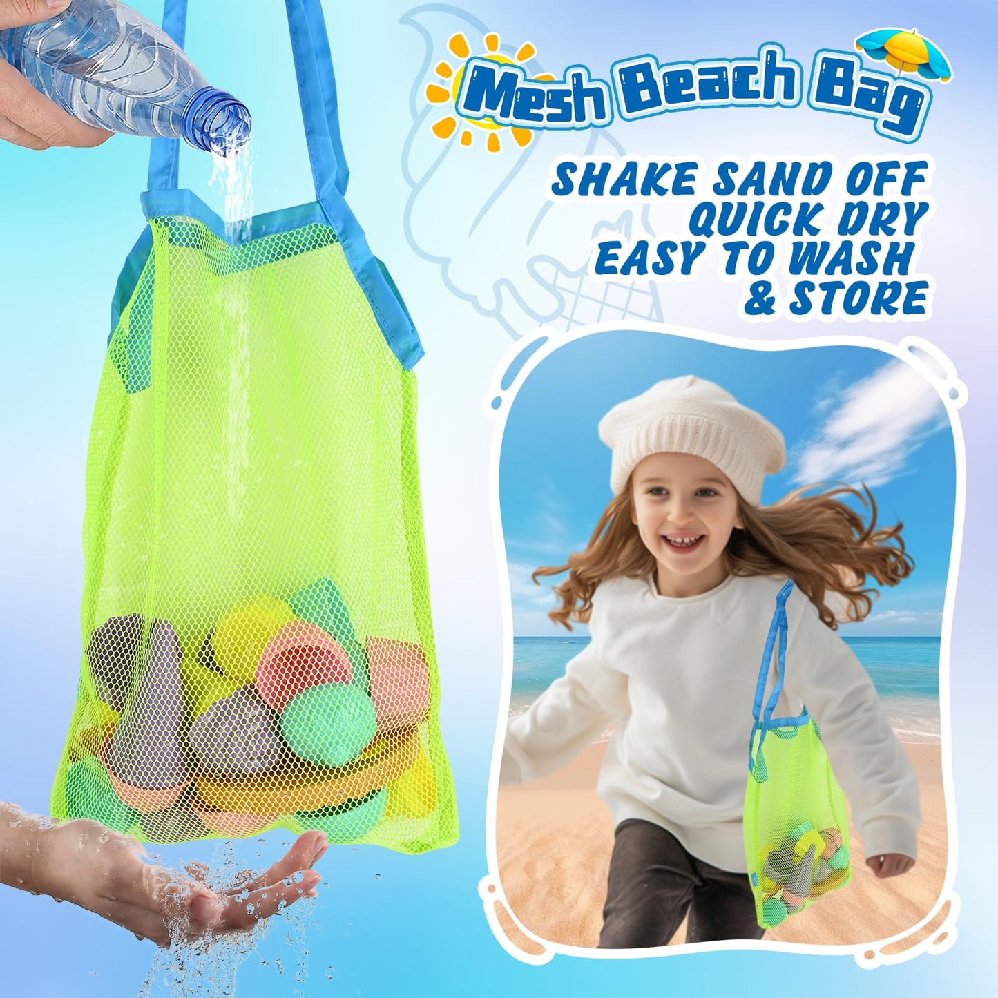 Beach Toys Ice Cream Sand Toys - Toddlers Beach Essentials for Kids Girls Boys, Sand Molds, Shovels with Collapsible Mesh Bag, T
