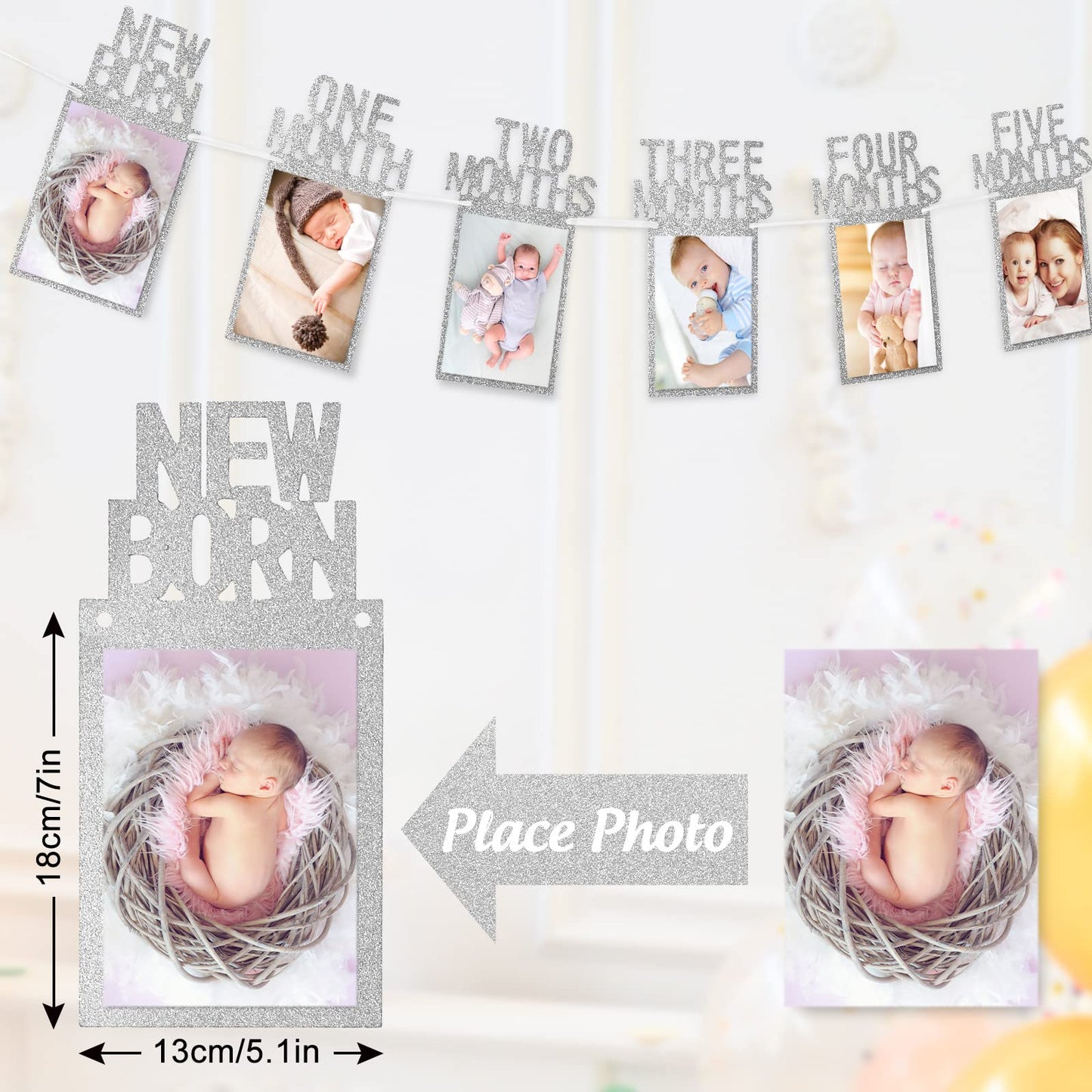 Whaline 1St Birthday Baby Photo Banner For Newborn To 12 Months, Monthly Milestone Photograph Bunting Garland, First Birthday Celebration Decoration (Silver)