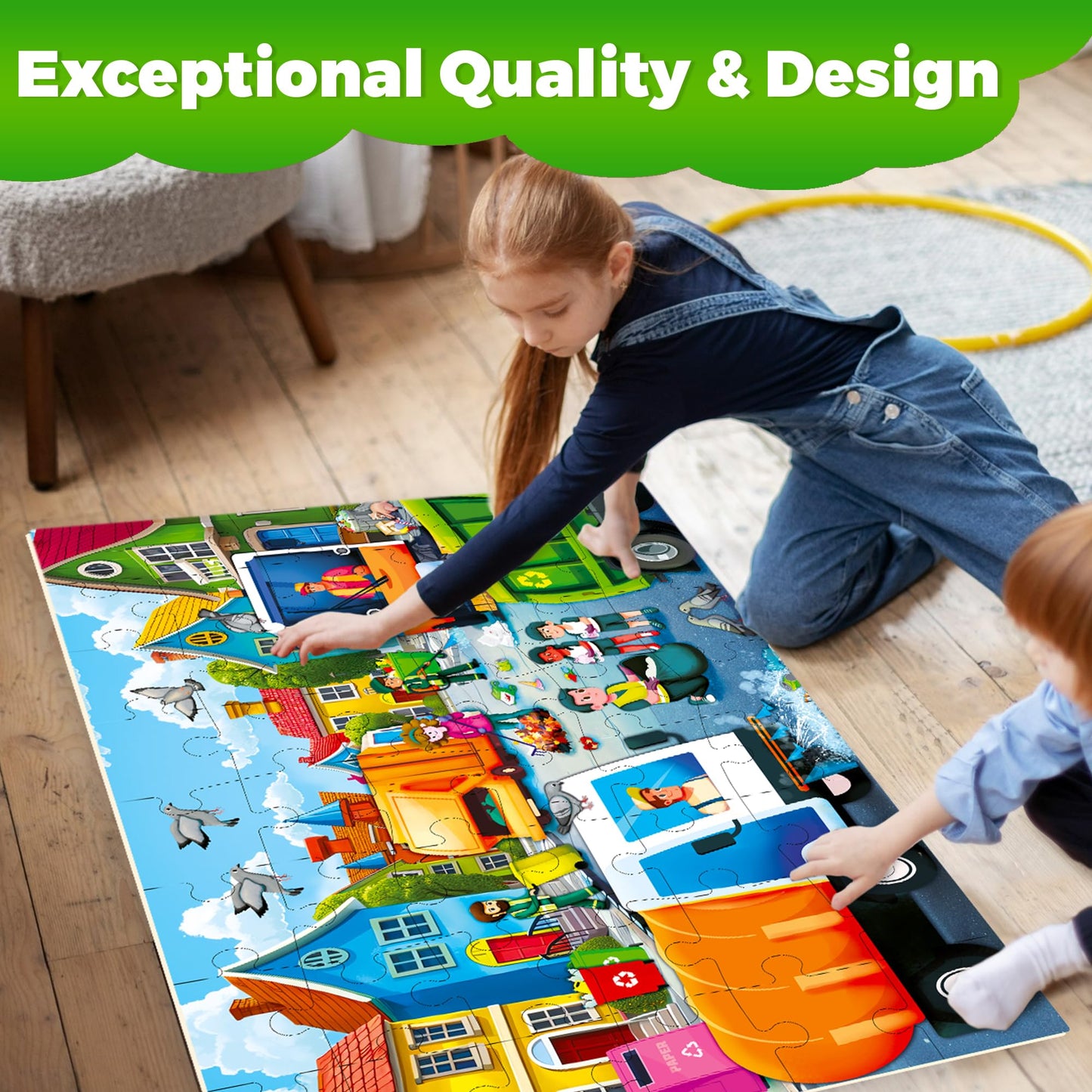 QUOKKA Giant Floor Puzzle for Kids Ages 4-6 - 2x3 Feet Extra-Thick 48 Pieces Toddler Puzzle Ages 3-5 - Garbage Trucks Educational Activity for Boys Girls - enhanced Box with Sturdy Handle & Magnetic