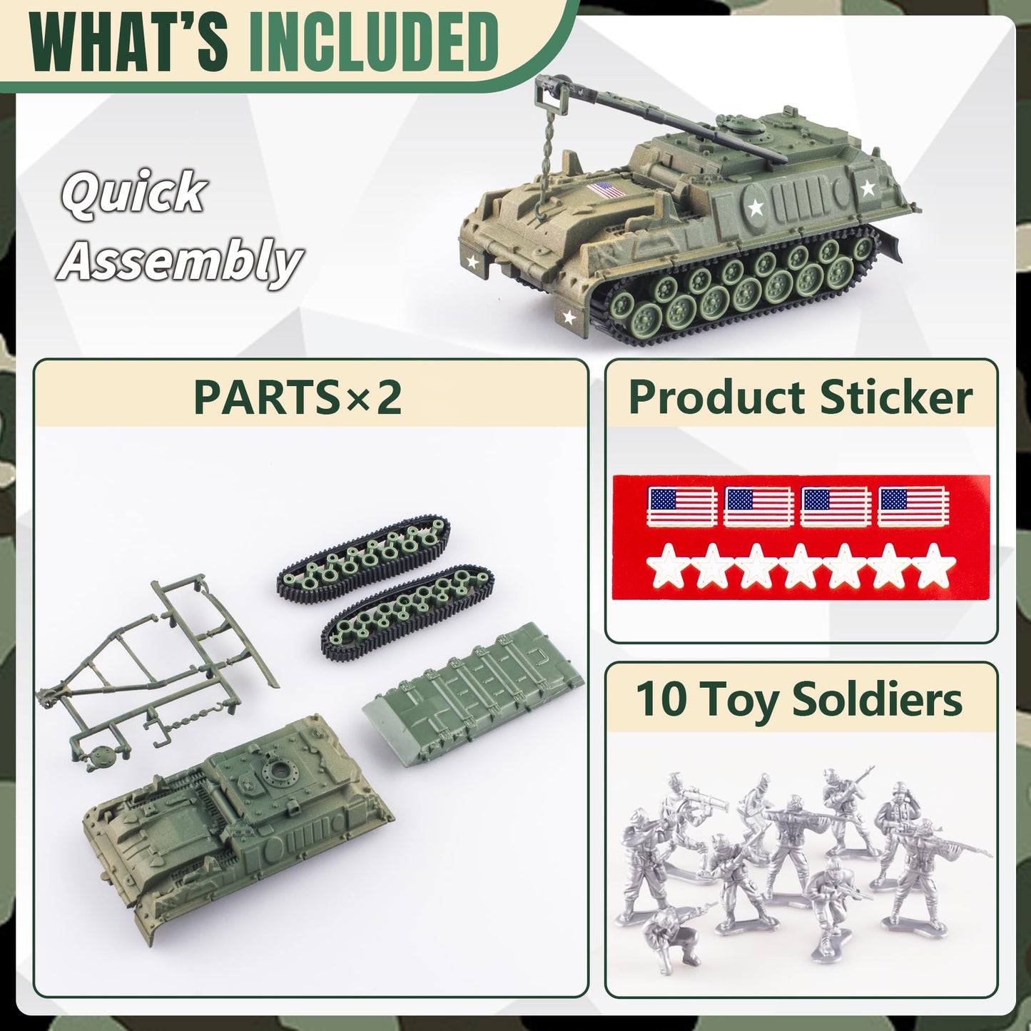 Maozyhomie Army Tank And Army Men Toys Playset, 2Pc 1:72 Us Tank-4 Models & 10Pc Toy Soldiers, Olive Drab Green Ww2 Military Veh