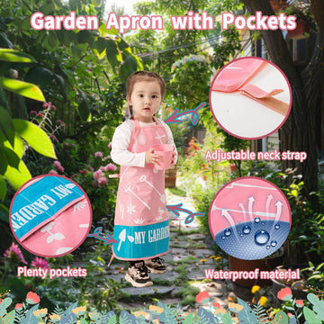 Joi Mew Kids Pink Gardening Tools Set, Garden Toys W/Metal Rake, Shovel, Trowel, Watering Can, Gloves, Tote Bag, Plant Pots, Diy