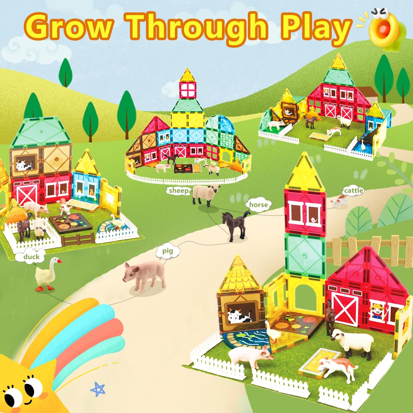 YZHDUXIU Magnetic Tiles Farm Animals for Toddlers Kids  Magnetic Blocks Building STEM Toys for 3+ Year Old Boys Girls Montessori Sensory Educational Magnet Tiles Stacking Toy