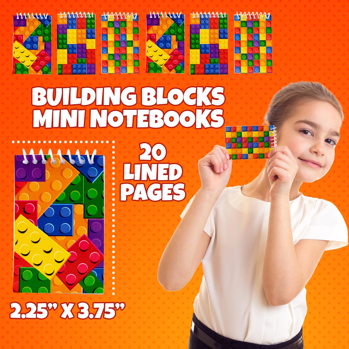 Bedwina Mini Building Block Notebooks, Assorted Brick Styles, Pocket Size, Bulk of 32, Plastic Spiral Notepads for Kids’ Parties and Rewards