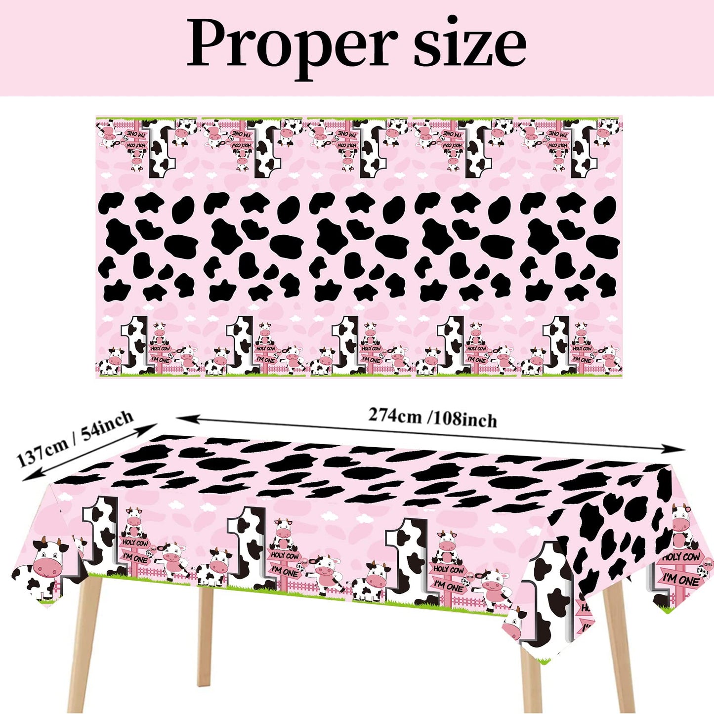 3Pack Holy Cow Im One Birthday Table Cloth Decorations for Baby Girl, Pink Cow First Birthday Table Cover Party Supplies, Cow Th