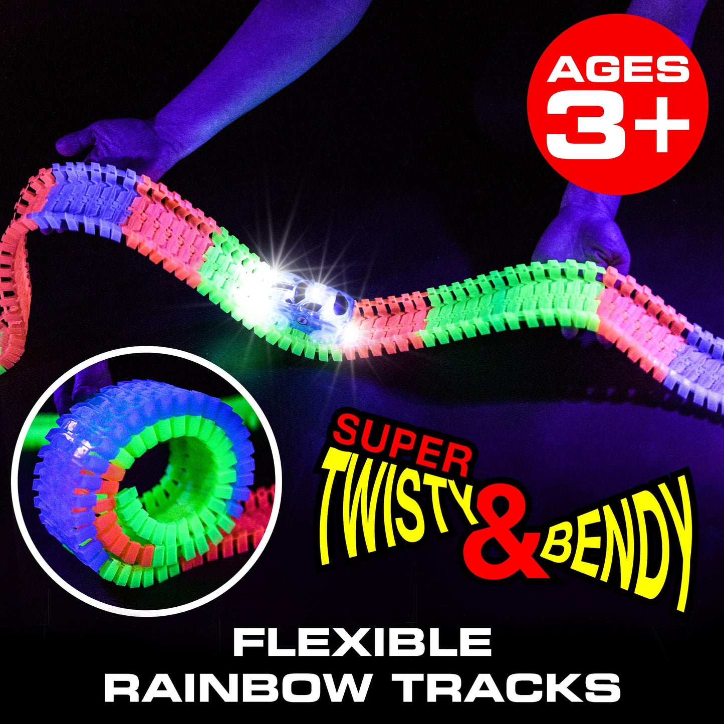 Usa Toyz Glow Tracks Starter Kit Race Tracks And 2 Led Toy Cars - 216Pk Glow In The Dark Bendable Flexible Rainbow Race Track Set With 2 Light Up Car Toys, Stem Building Toys For Boys And Girls