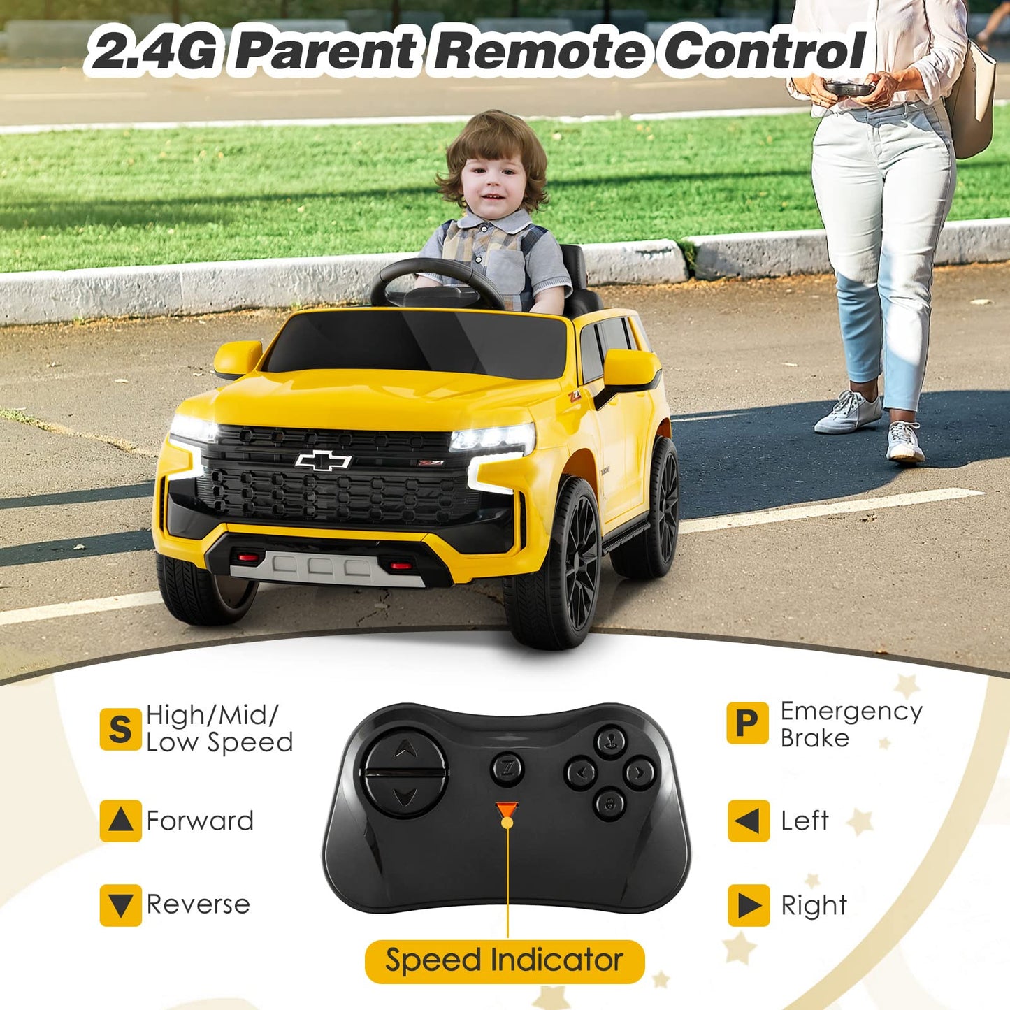 Costzon Ride On Car, 12V Licensed Chevrolet Tahoe Battery Powered Electric Vehicle W/ 2.4G Remote Control, High/Low Speed, Music, Lights, Mp3/Usb/Fm, Spring Suspension, Electric Suv For Kids (Yellow)