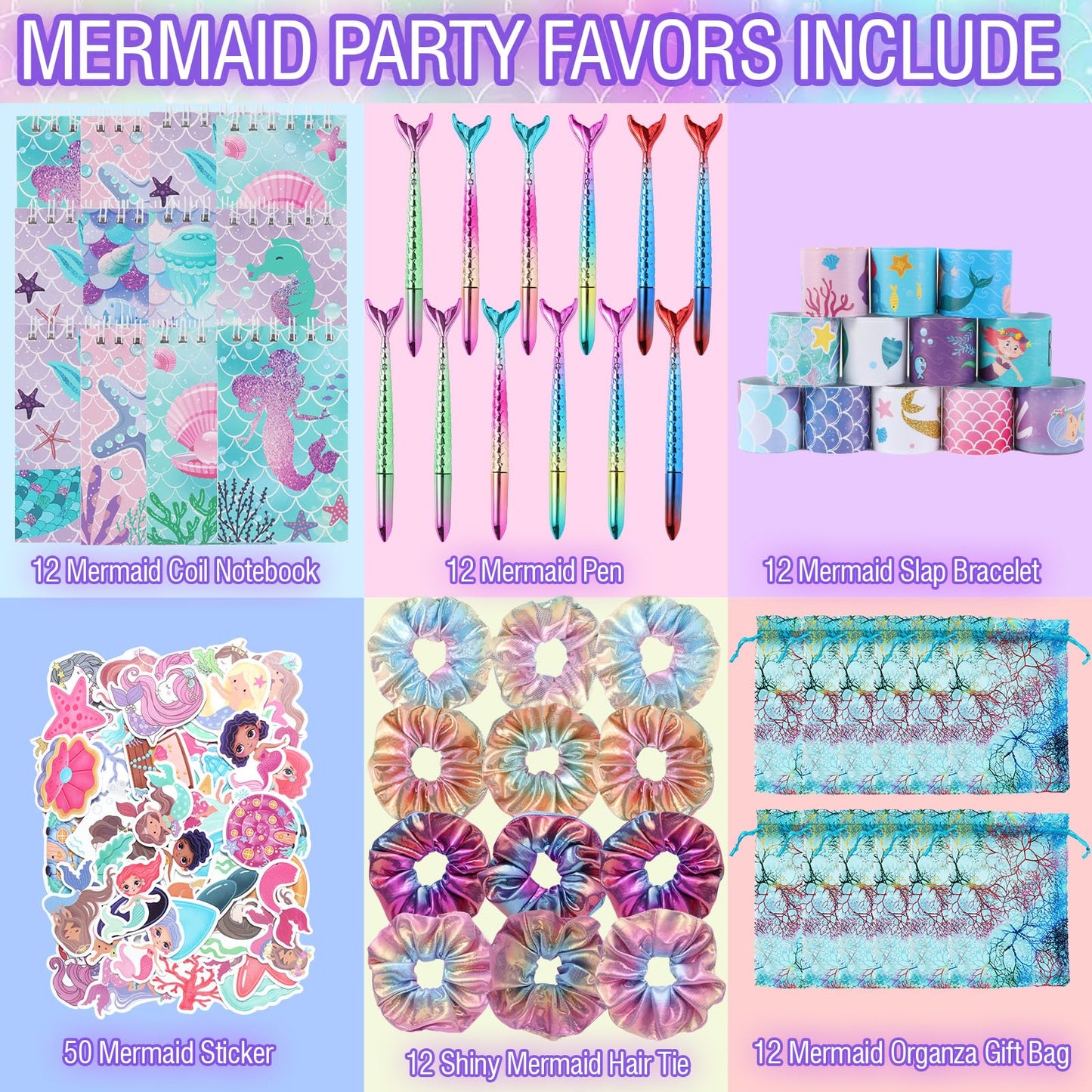 110 PCS Mermaid Party Favors for Girls Mermaid Birthday Decorations Party Supplies Include 12 Pen 12 Notepad 12 Shiny Metallic S
