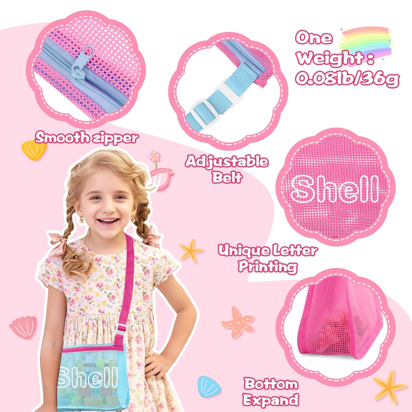 3Pcs Kids Letter Beach Shell Bag, Seashell Mesh Zipper Beach Pouch, Shell Collecting Bag for Holding Shells with Adjustable Stra