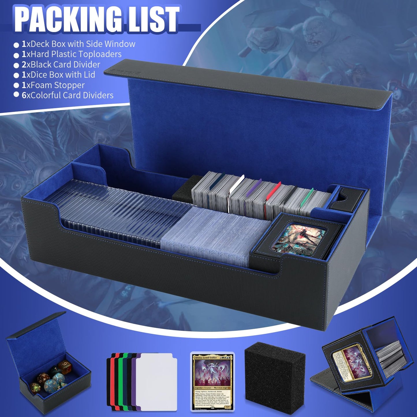 Trading Card Storage Box  2200+ MTG Deck Box Leather Magnetic Closure Commander Deck Box  Holds 5 Small Deck Boxes  Includes 1 Small Box  8 Dividers  1 Foam Stopper  1 Toploader  Black/Blue
