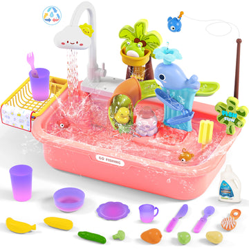 Color Changing Play Kitchen Sink Toy for Kids, Play Sink with Upgraded Electric Faucet & Automatic Water Cycle System, Dishwashe