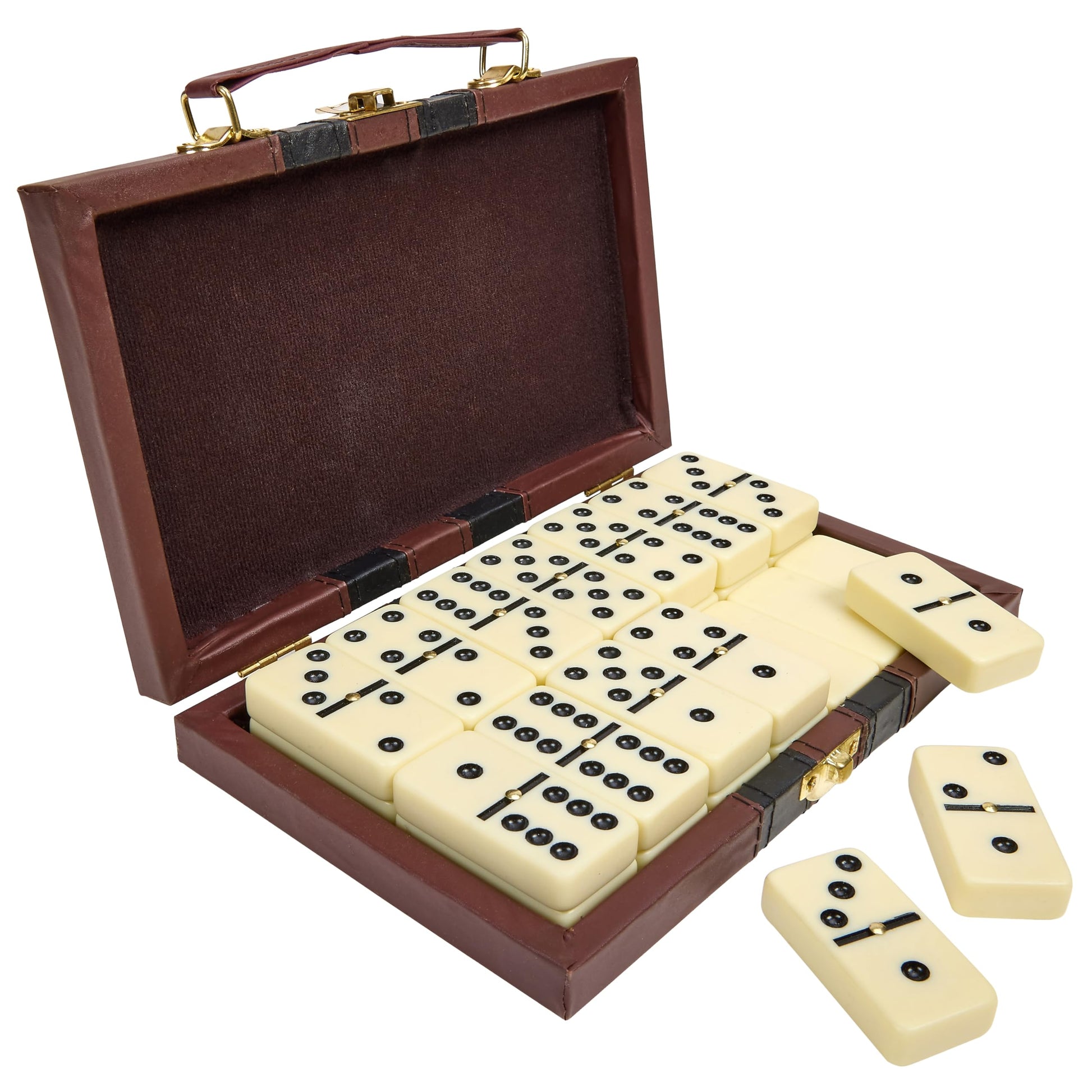Playbees Jumbo Double Six Domino Set - 28 Thick White Tiles - Sophisticated Wooden Vegan Leather Box - Classic Family Game - Mat