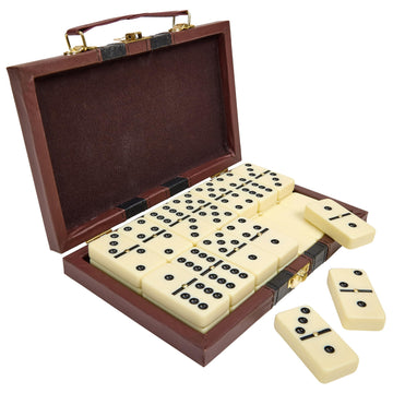 Playbees Jumbo Double Six Domino Set - 28 Thick White Tiles - Sophisticated Wooden Vegan Leather Box - Classic Family Game - Mat