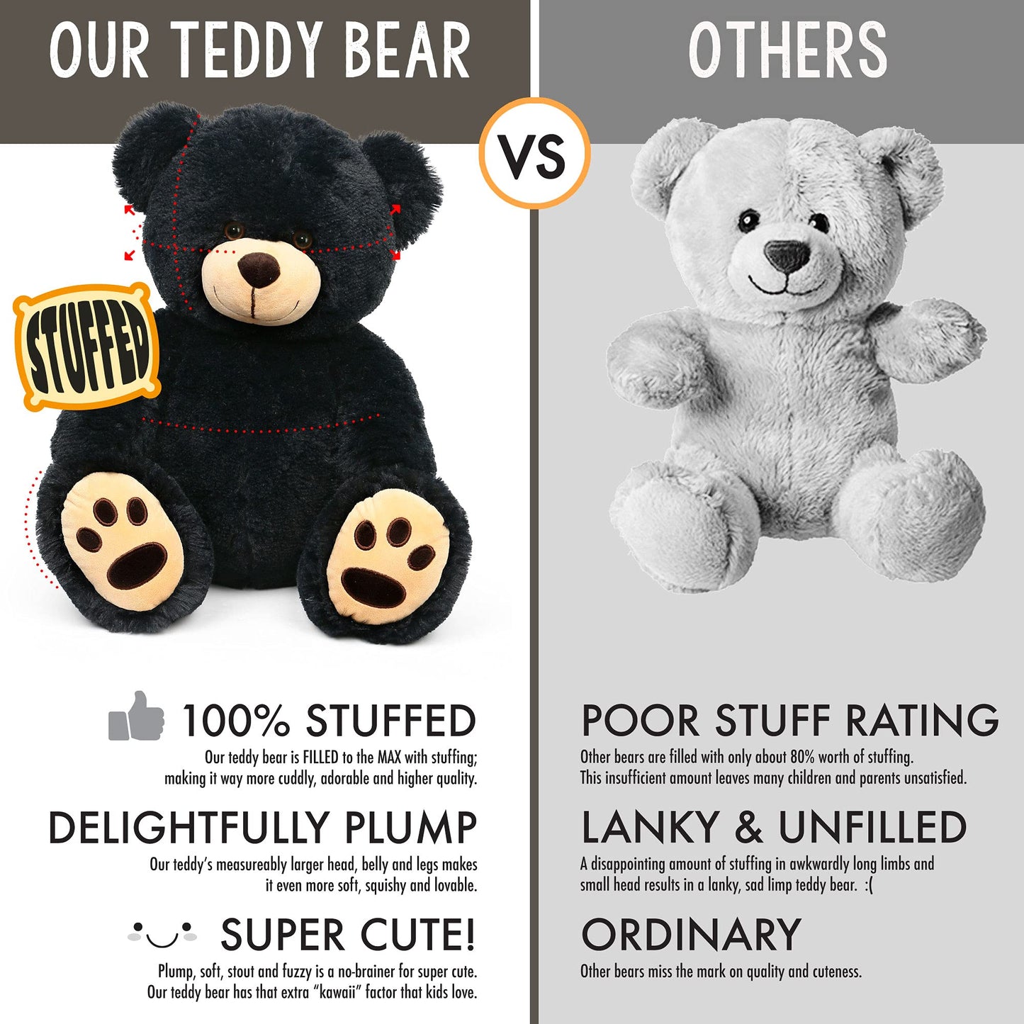 LotFancy 20-Inch Black Teddy Bear Plush Toy - Soft Cuddly Stuffed Animal with Footprints for Kids, Perfect Gift for Baby Shower, Birthday, Christmas