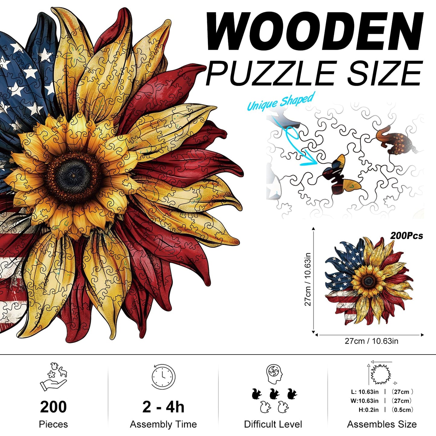 American Flag Sunflower Wooden Puzzles for mature-themeds  200pcs Wooden Jigsaw Puzzles for mature-themeds  American Flag Unique Shaped Jigsaw Puzzles Creative Gift for Friend Family Game Medium Size 10.6'' x 10.6''