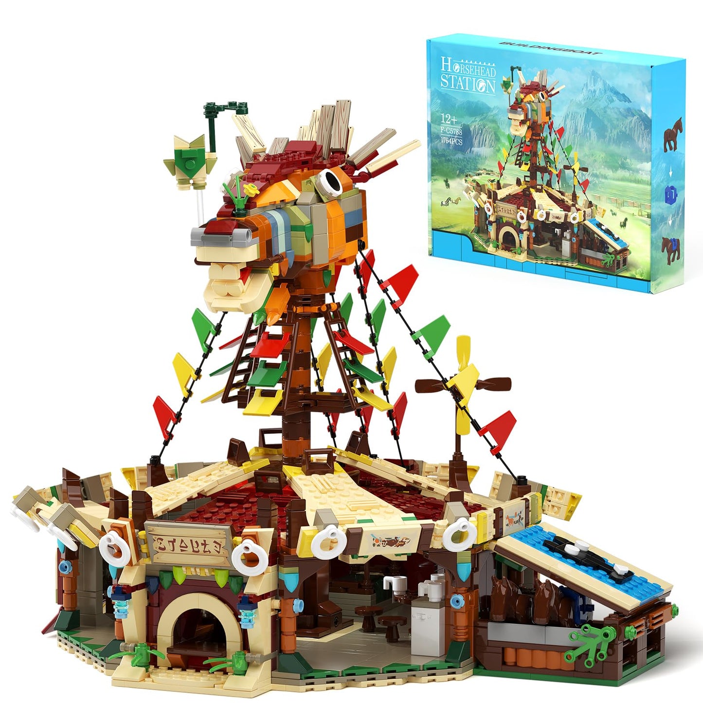 Horse Station Building Model Kit, Game Scene Hyrule Horse Head Station Yurt Tent Rooftop Building Toy, Game Scene Collectible Gifts Construction Toys For Adults Or Fans (1764 Pcs)