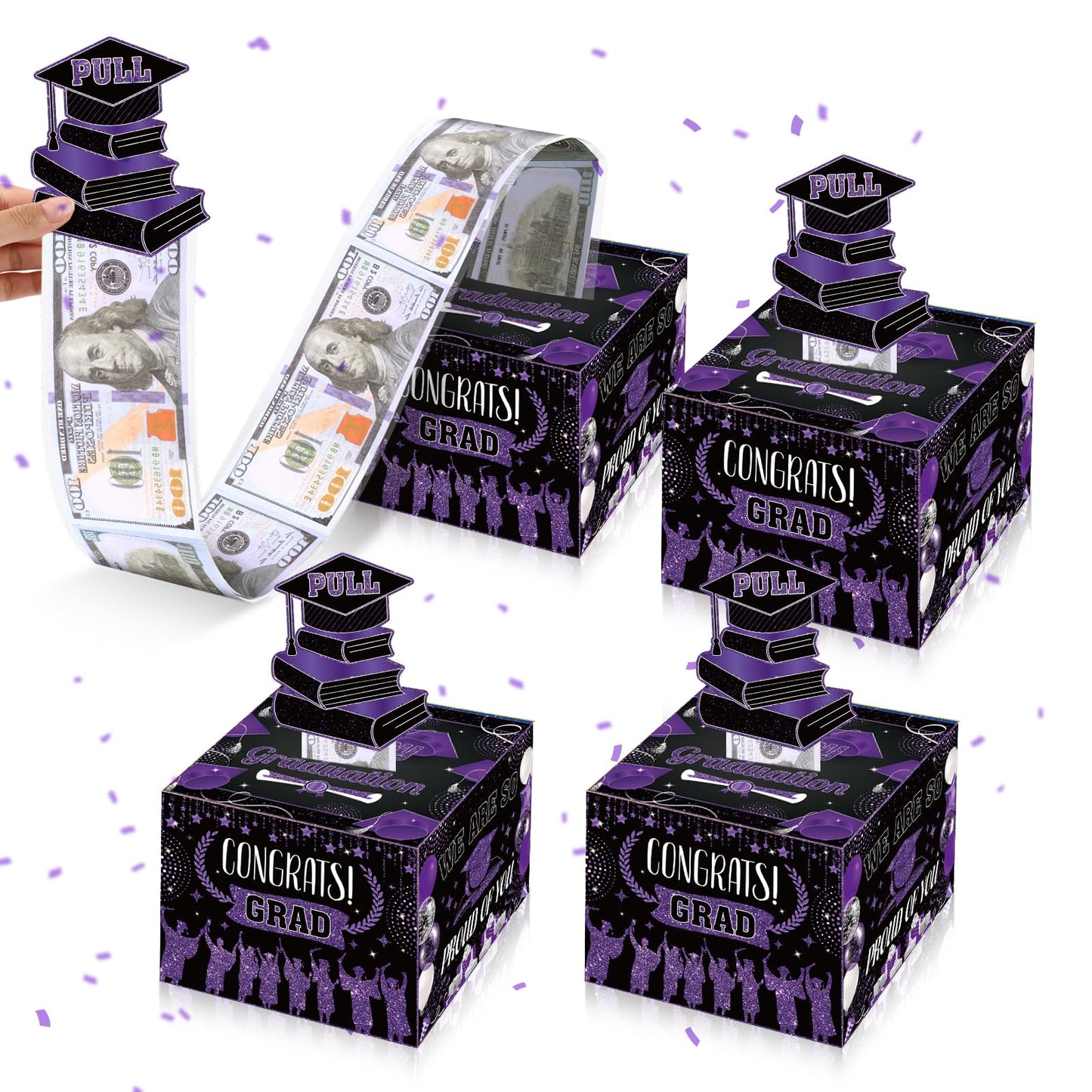 4Pcs Graduation Money Box For Cash Gift Pull,Purple Black Graduation Gift Money Box With Pull Out Happy Graduation Congrat Grad