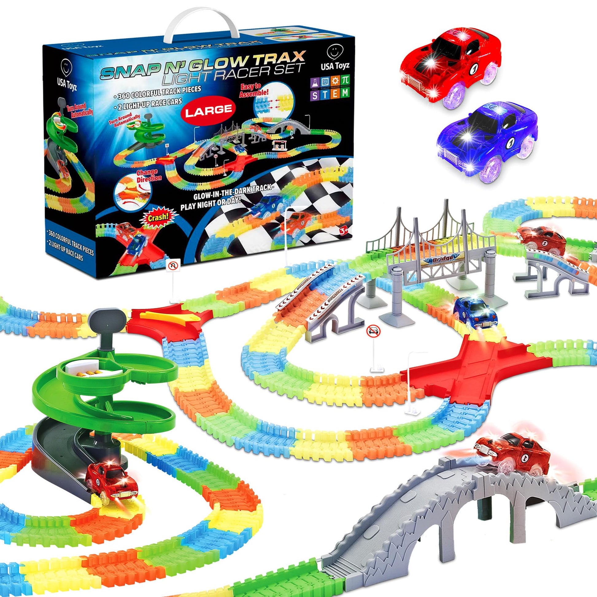 Usa Toyz Large Glow Trax Race Tracks For Kids- 380Pc Glow In The Dark Race Car Track Set With 360Pk Bendable Roads, Roundabout Ramp, 2 Bridges, 2 Ramps, 2 Led Toy Cars, Stem Toys For Boys And Girls