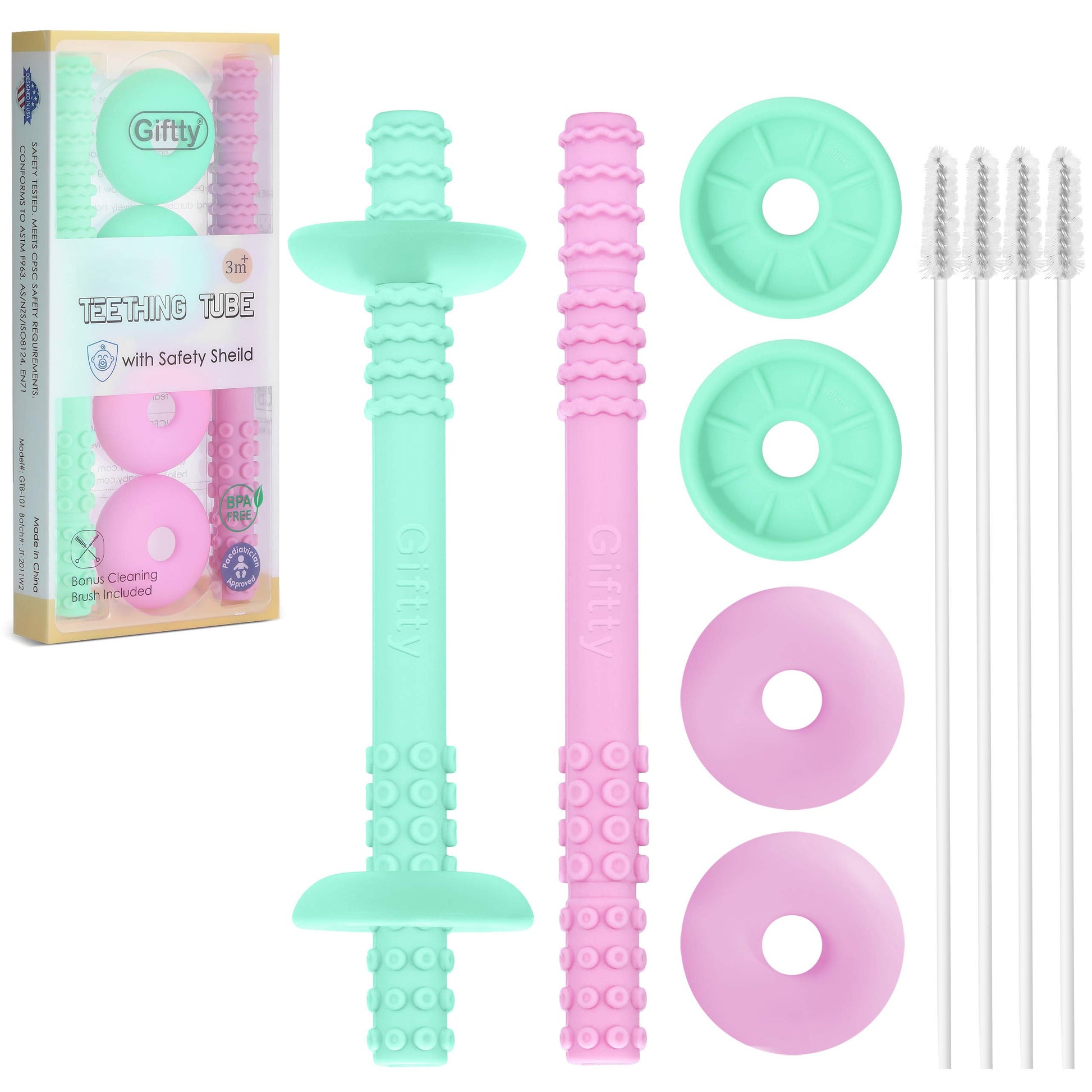 Giftty Teething Tube With Safety Shield Baby Hollow Teether Sensory Toys Gum Massager, Food-Grade Silicone For Infant 3-12 Month