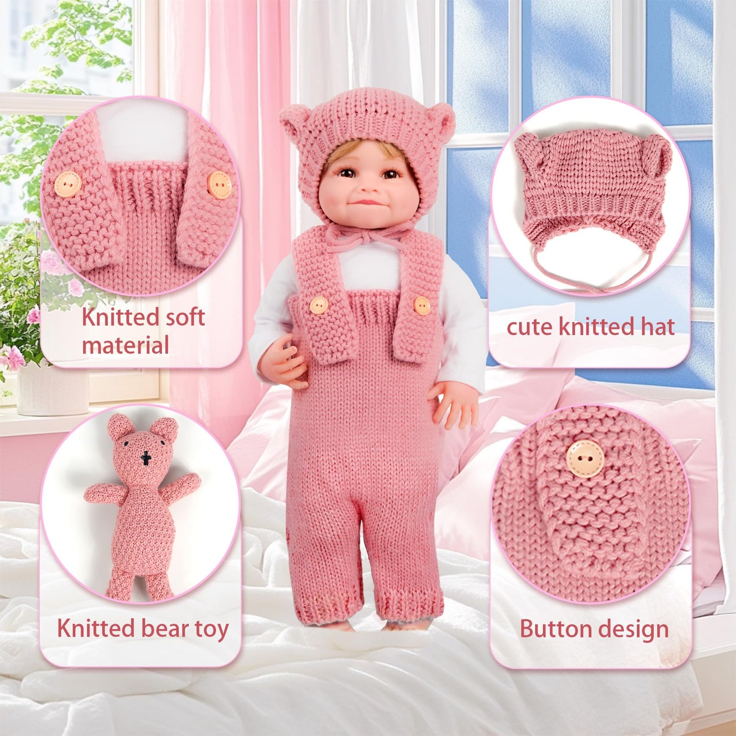 Artst 9Pcs Reborn Baby Doll Accessories With Bassinet,Baby Doll Clothes Knitted Outfit For 17-22 Inch Newborn Girls