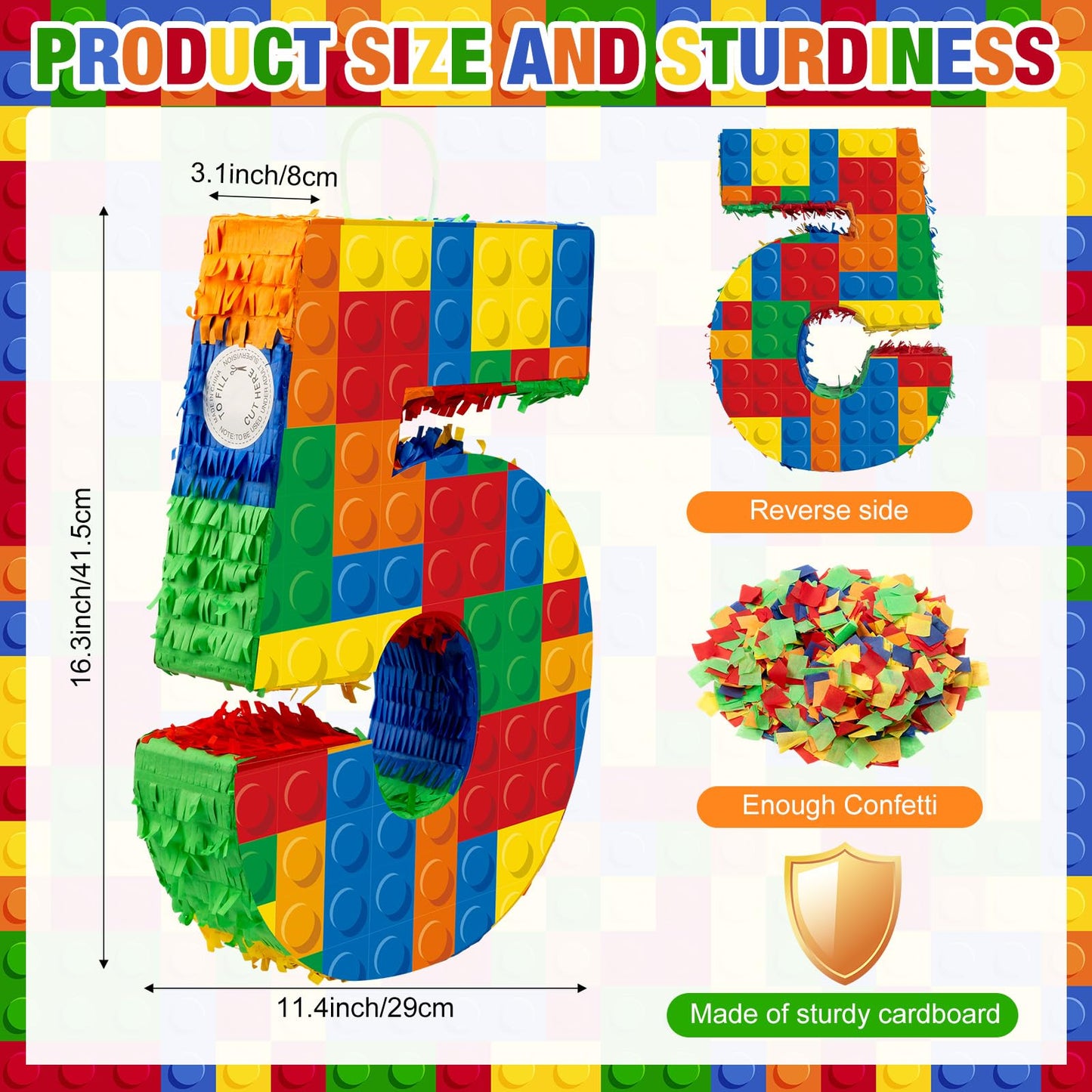 RoundFunny Number 5 Building Blocks Piata 16.5 Inch Party Supplies 5th Birthday Party Decorations Piata with Confetti Blocks The